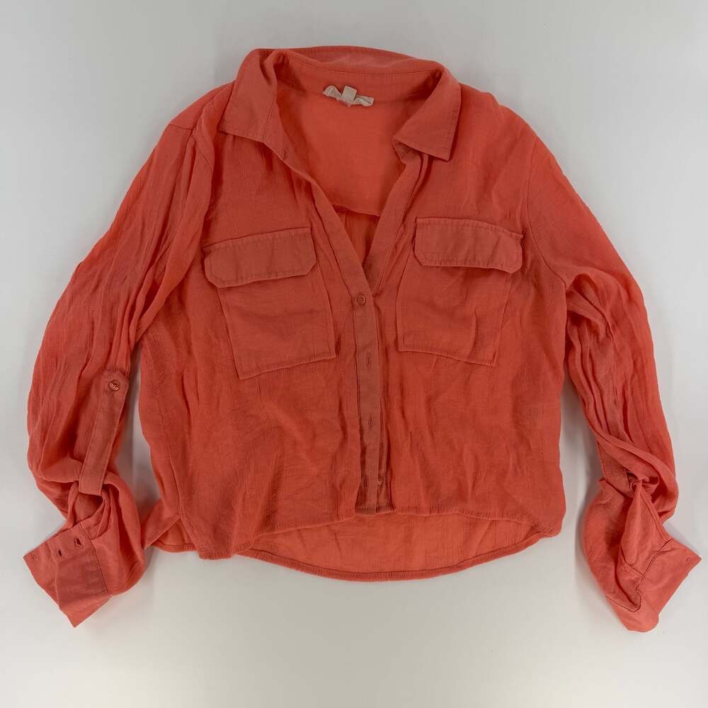 0876 Sunburst Kiss Top Womens M Orange Button Up, Cotton Lightweight